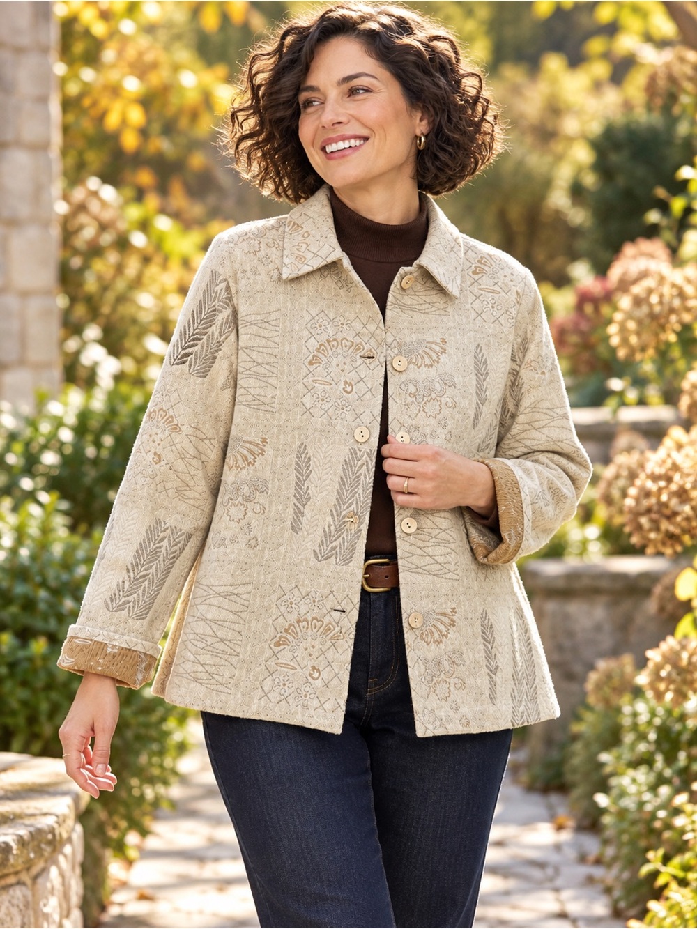 Coldwater Creek Cream Botanical Tapestry Jacket Size Medium